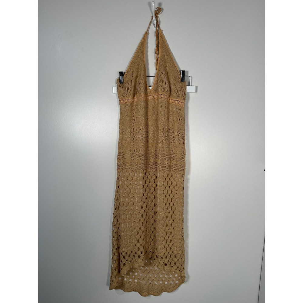 Brown Crochet Halter Midi Dress Boho Festival Glam Large